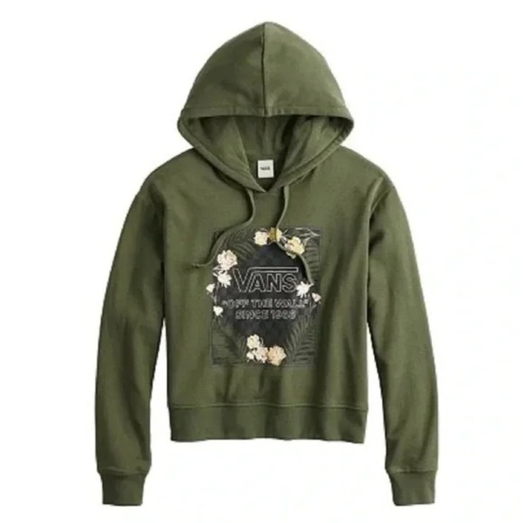 Vans Women’s Olive Green Floral Cropped Long Sleeve Hoodie Pullover Sweater L - Picture 2 of 13